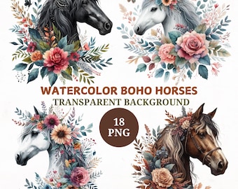 Watercolor Floral Horse Clipart: Boho PNG Bundle (Digital Download)
