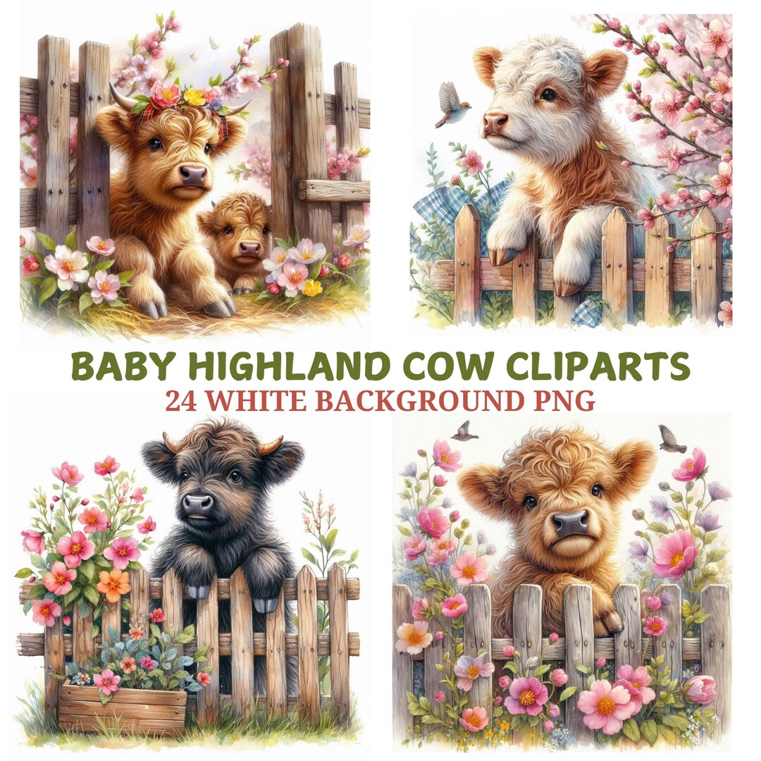 Baby Highland Cow Clipart Bundle: Watercolor Farm Animal PNG (digital ...