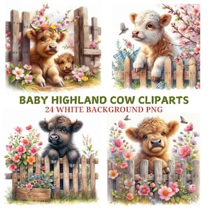 Baby Highland Cow Clipart Bundle, Farm Animal Clipart, Printable Cow, Baby Cow Nursery Art, Spring Clipart, Watercolor Cow Wall Art png