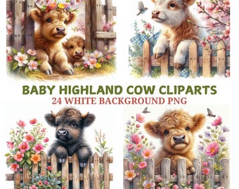 Baby Highland Cow Clipart Bundle: Watercolor Farm Animal PNG (Digital Download)