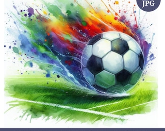 Clipart de balón de fútbol en acuarela, gráficos deportivos dinámicos (descarga digital)