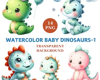 Watercolor Baby Dinosaur Clipart: Nursery Art, Transparent PNG (Digital Download)