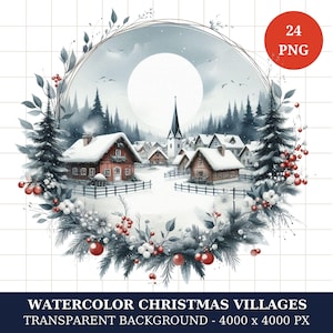 Watercolor Christmas Village Clipart Bundle, 24 Transparent png, Winter Houses, Printable Winter Village, Christmas Scene, Paper Craft