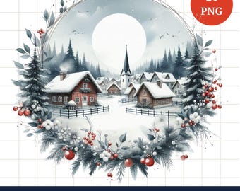 Aquarell Weihnachtsdorf Clipart Bundle: 24 PNG Winter Motive, digitaler Download