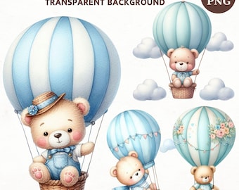 Watercolor Teddy Bear Clipart: Blue Hot Air Balloons (PNG Digital Download)