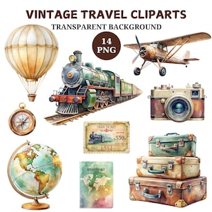 Vintage Travel Clipart Bundle: Watercolor Airplane, Train, Globe (Digital Download)