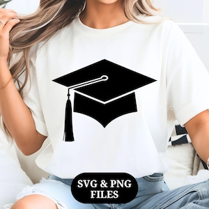 May include: White t-shirt featuring a black graduation cap graphic. The cap has a square top, a tassel, and a mortarboard design. The text "SVG & PNG FILES" is displayed in a black oval at the bottom of the image.