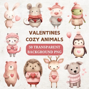 50 Valentines Day Animals Clipart, Watercolour Animals, Romantic Clipart, Love png, Woodland Animals, Valentines Day Card, Heart, Bear, Fox