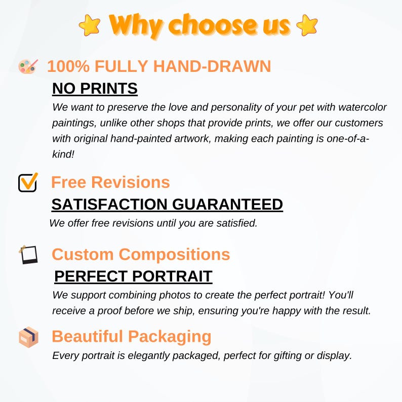 Puede incluir: Un gr&aacute;fico con una lista de razones para elegir un servicio de retrato de mascotas personalizado. El gr&aacute;fico presenta un pincel, una marca de verificaci&oacute;n, un marco de imagen y una caja. El texto dice "&iquest;Por qu&eacute; elegirnos?", "100% totalmente dibujado a mano", "Sin impresiones", "Revisiones gratuitas", "Satisfacci&oacute;n garantizada", "Composiciones personalizadas", "Retrato perfecto" y "Embalaje hermoso".