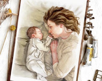 100% Hand-Painted Watercolor Portrait, Portraits From Photos, Family Portrait, Gift for Couples, Couple Portrait with Pet, Anniversary Gift