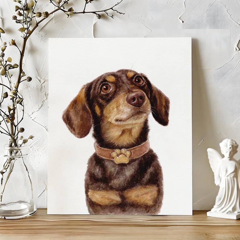 Op de afbeelding: Aquarel schilderij van een teckel met bruine en zwarte vacht, met een bruine halsband met een pootafdruk bedel. De hond kijkt omhoog met een nieuwsgierige uitdrukking. Het kunstwerk wordt op een witte achtergrond getoond.