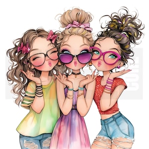 May include: Illustration of three cartoon girls with sunglasses, pouting lips, and stylish hairstyles. The girls wear colourful outfits, including a yellow and green striped top, a purple dress, and a red crop top, paired with denim shorts.