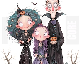 11 imágenes prediseñadas familiares originales para Halloween, PNG, Truco o trato, Arte efímero espeluznante, Diario basura, Creación de tarjetas, Álbumes de recortes, Descarga digital
