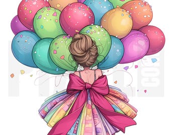 12 Quirky Girl Birthday Balloons Clipart, PNG, Party Dress Bday Celebration, Junk Journal, Digital Download, Scrapbooking, Paper Craft