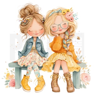 May include: Watercolor illustration of two young girls sitting on a bench. One girl has her hair up in a bun and wears a denim jacket over a floral dress. The other girl has blonde hair in a braid and wears glasses and a yellow sweater. Both wear boots.