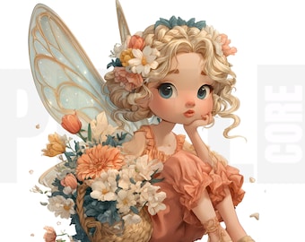 10 imágenes prediseñadas de hadas de jardín caprichosas, PNG, arte primaveral de cestas de flores, arte de dibujos animados digitales, ilustración de cuentos, diario basura, scrapbooking