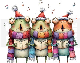 11 villancicos de ranas peculiares, imágenes prediseñadas, PNG, ranas navideñas cantando, caprichosas fiestas de invierno, creación de tarjetas, diario basura, descarga digital