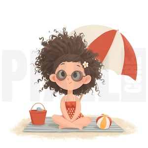 12 Cute Baby Girl Beach Clipart, Swimsuit Summer PNG, Cartoon Illustration PNG, Junk Journal, Storybook Style, Paper Craft, Digital Download