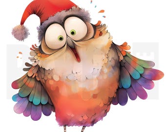 15 imágenes prediseñadas de búhos navideños originales, PNG, búho divertido con gorro de Papá Noel, pájaro navideño de cuento, Navidad caprichosa, creación de tarjetas, descarga digital