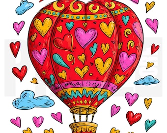 14 globos aerostáticos de San Valentín, imágenes prediseñadas, PNG, globos de corazón románticos, arte de acuarela, manualidades de papel, scrapbooking, creación de tarjetas, descarga digital