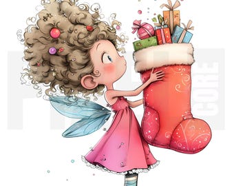 11 calcetín navideño de hadas original, clipart, PNG, hada de invierno, ilustración caprichosa, creación de tarjetas, scrapbooking, descarga digital