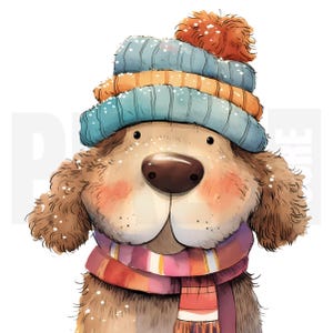 May include: A watercolor illustration of a friendly dog wearing a blue, orange, and brown knit hat with a pom-pom and a striped scarf. The dog has brown fur, a large brown nose, and rosy cheeks, creating a warm and inviting image.