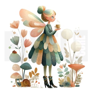 15 Clipart jardin féerique lunatique, illustration de dessin animé mignon, journal indésirable, style livre de contes, créations en papier, clipart champignon, téléchargement numérique
