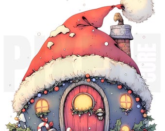 12 imágenes prediseñadas de casas de duendes de Papá Noel, PNG, arte navideño peculiar para vacaciones de invierno, creación de tarjetas, scrapbooking, manualidades, descarga digital