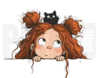 12 Quirky Girl and Cat Peeking Clipart, PNG, Junk Journal, Scrapbook, Paper Craft, Watercolor Illustration, Digital Download, Cardmaking