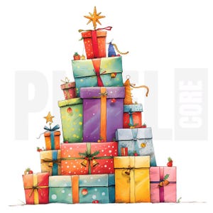 Könnte beinhalten: Aquarell-Illustration eines Weihnachtsbaums aus verpackten Geschenken. Die Geschenke sind in verschiedenen Farben gehalten, darunter Rot, Grün, Lila und Gelb, und sind mit Schleifen, Glocken und Sternen verziert. Ein goldener Stern ziert die Spitze des Baumes.