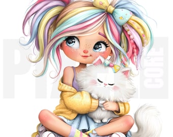 15 Quirky Whimsical Girl with Fluffy Cat Clipart, PNG, Cat Lover, Storybook Watercolor Art, Junk Journal, Scrapbook, Digital Download