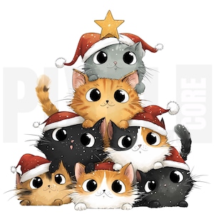 May include: A whimsical illustration of a Christmas tree made of adorable cartoon cats. Each cat wears a Santa hat, and a golden star tops the tree. The cats are various colors, including gray, orange, black, and calico.