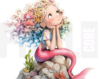 13 Quirky Mermaid Princess Clipart, PNG, Whimsical Sea Mermaid Illustration, Ocean Girl, Junk Journal, Scrapbooking, Digital Download