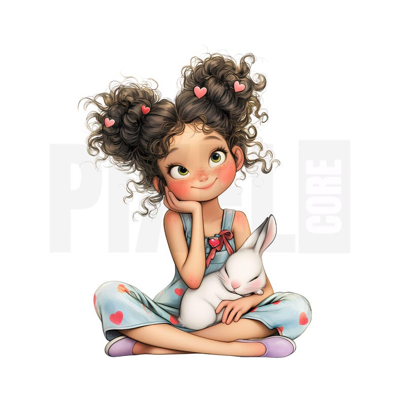 15 Quirky Girl With Rabbit Clipart, Whimsical Cartoon Girl and Bunny ...
