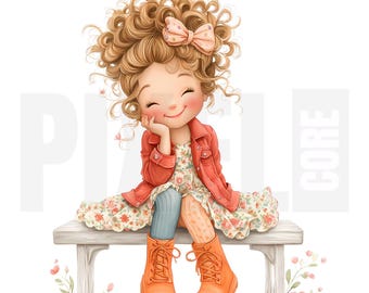 12 imágenes prediseñadas de chicas originales, PNG, chica caprichosa sentada en un banco, arte en acuarela, diario creativo, scrapbooking, manualidades con papel, descarga digital