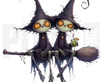 12 stravaganti streghe scheletro, clipart, PNG, streghe da cocktail per Halloween, materiale effimero, diario spazzatura, scrapbooking, download digitale