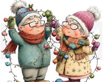 12 Quirky Grandparents Christmas Clipart, PNG, Whimsical Grandpa & Grandma Cozy Holiday Couple Illustration, Card Making, Digital Download