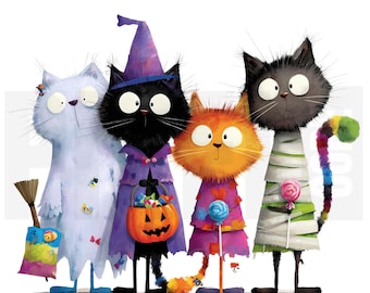 13 eigenzinnige Halloween katten clipart, png, trick or treat, ephemera, aquarel kunst, junk journal, scrapbooking, kaarten maken, digitale download