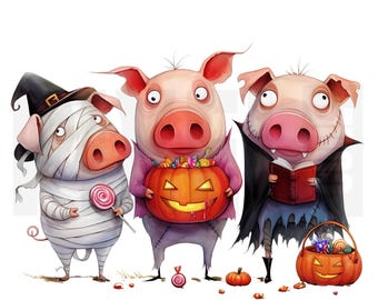 11 peculiares imágenes prediseñadas de cerdos de Halloween, PNG, truco o trato, efímeras, acuarela, diario basura, scrapbooking, tarjetas, descarga digital