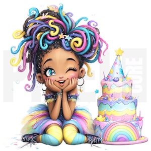 13 Black Girl Birthday Clipart, PNG, Black Girl with Cute Hairstyles & Cake, Curly Hair Dreads Illustration, Junk Journal, Cardmaking