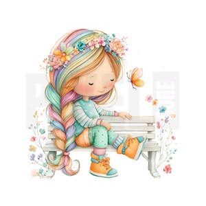 May include: Watercolor illustration of a girl with rainbow hair and a floral crown, sitting on a bench. She wears a blue and white striped top, green pants, and orange boots. A butterfly and flowers are also present.