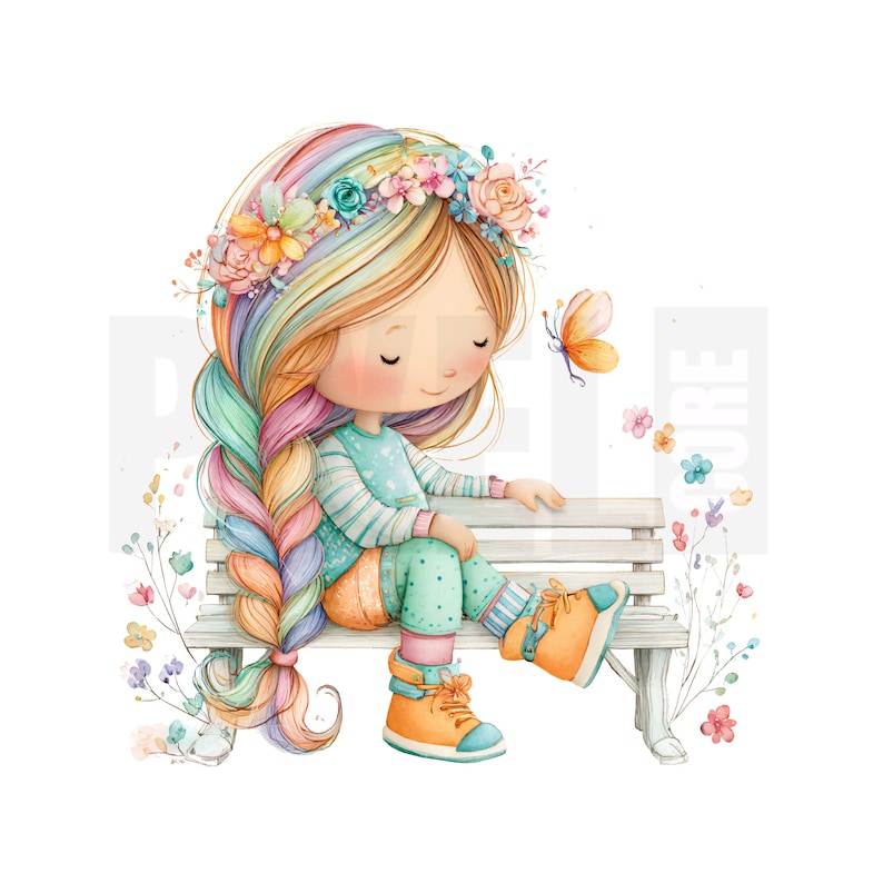 May include: Watercolor illustration of a girl with rainbow hair and a floral crown, sitting on a bench. She wears a blue and white striped top, green pants, and orange boots. A butterfly and flowers are also present.