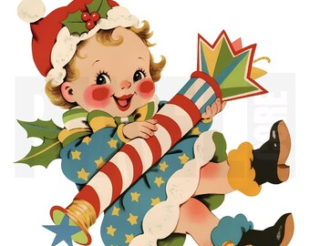 May include: A vintage illustration of a smiling child dressed in a blue star-patterned outfit and a red Santa hat with holly. The child holds a large red and white striped cracker with a star-shaped end, evoking a festive Christmas theme.