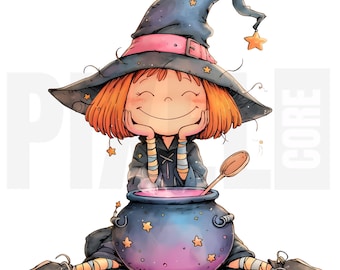 13 Quirky Witch Girl Cauldron Clipart, PNG, Halloween Potion Art, Trick or Treat, Ephemera, Junk Journal, Cardmaking, Digital Download