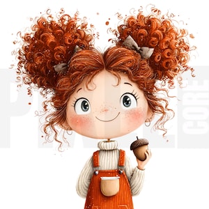 Op de afbeelding: Een cartoon illustratie van een meisje met felrood krullend haar gestyled in twee hoge staartjes met strikken. Ze heeft sproeten, blauwe ogen en draagt een witte trui en een oranje tuinbroek, met een bruine eikel.