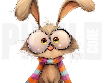 11 Quirky Bunny Clipart, PNG, Cute Cartoon Rabbit, Whimsical Animal, Junk Journal, Scrap book, Paper Craft, Watercolor Art Illustration