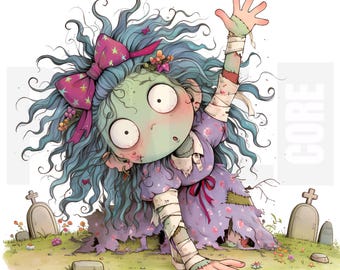 10 imágenes PNG de chicas zombi originales, arte zombi espeluznante y caprichoso para Halloween, ideal para pedir dulces, hacer tarjetas, crear diarios basura y descargar digitalmente.