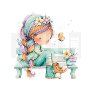 May include: Watercolor illustration of a seated girl with long, multicolored hair and a floral crown. She wears a light blue striped shirt, teal pants, and teal boots with tan boots. A butterfly and flowers are also present, all on a light blue bench.