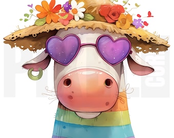 11 udda ko-clipart, PNG, nyckfull tecknad gårdsdjursillustration, pastellfärgad regnbågskonst, skräpjournal, scrapbooking, digital nedladdning
