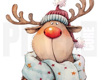 10 peculiares renos de invierno, imágenes PNG, acogedores ciervos navideños con gorro y bufanda de punto, diario basura, creación de tarjetas, descarga digital
